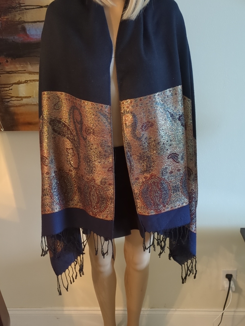 Navy Metallic Paisley Fringe Wrap Scarf